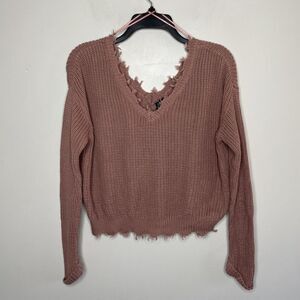 MOON & MADISON Womens Dusty Pink Crop Sweater NEW Sz XS Cotton Fringe Relaxed